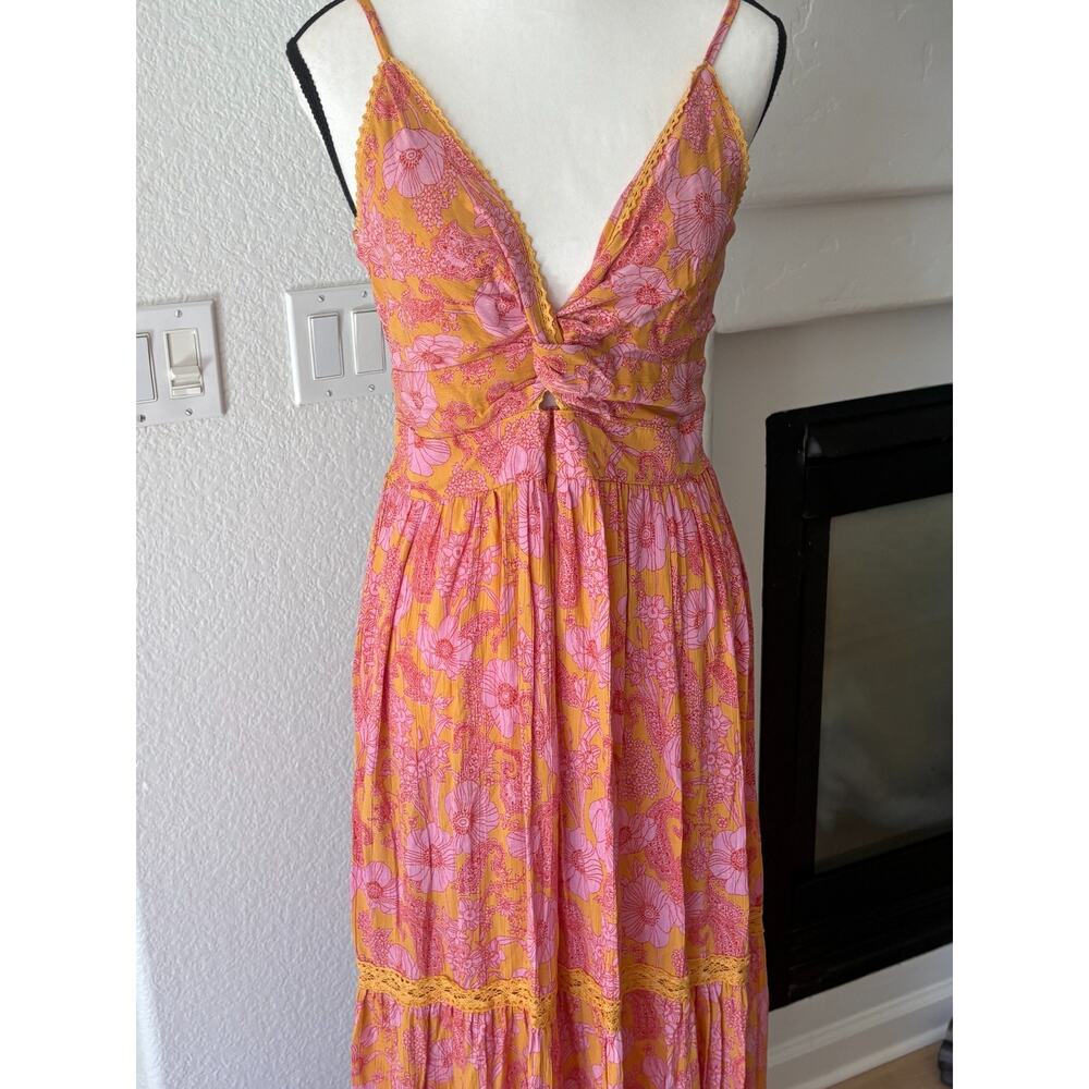 Angie Boho Floral Maxi Dress Pink/Yellow Twist Front Tiered Crochet L 8-12 - Picture 4 of 6